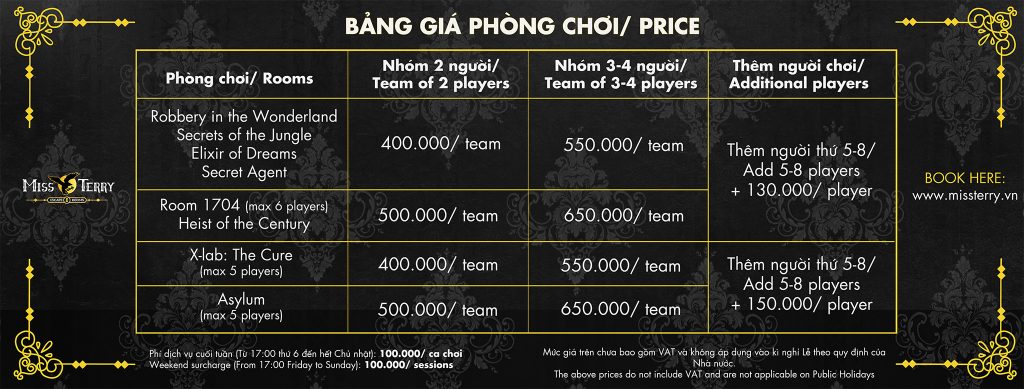 bảng giá Miss Terry - Escape Room
