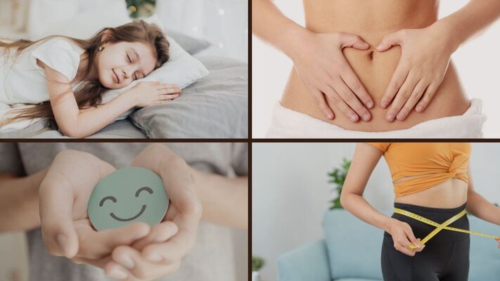 Hình ảnh lợi ích của ăn uống healthy với các biểu tượng: giấc ngủ ngon, hệ tiêu hóa khỏe mạnh, tinh thần vui vẻ và vóc dáng cân đối